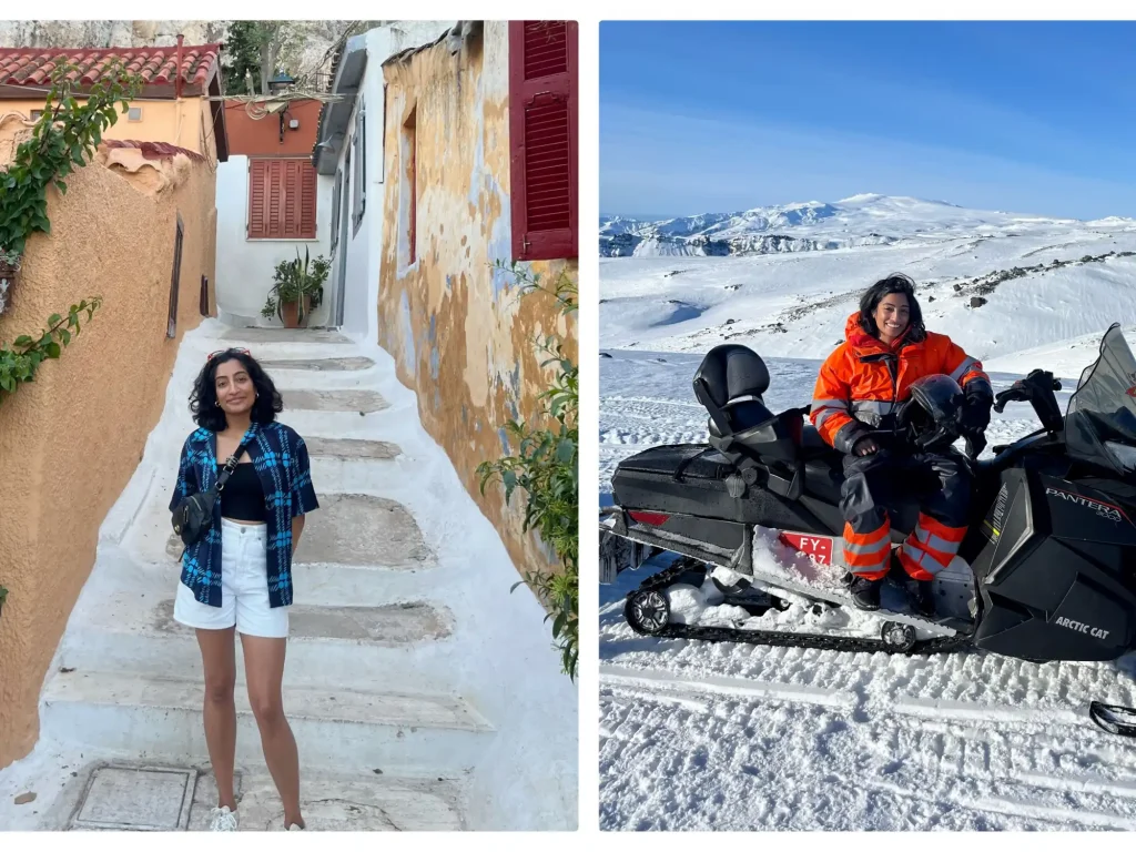 collage of people one in street and one on snow mobile